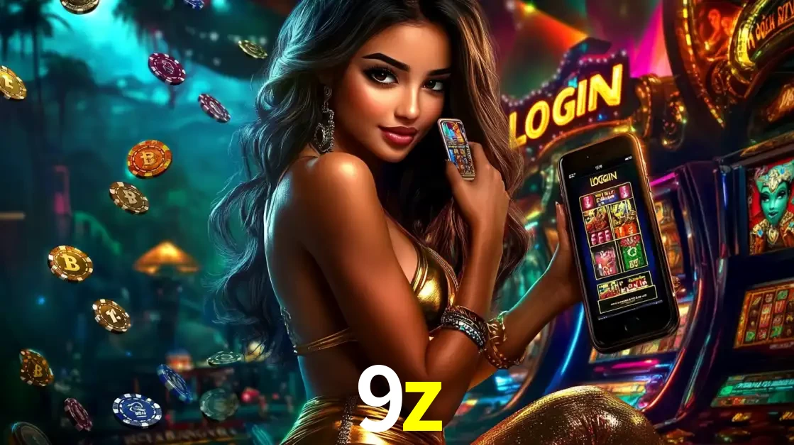 Mulher em um cenário de cassino temático de aventura, mostrando o app de caça-níqueis da 9z no celular. Fichas de apostas flutuam ao redor.