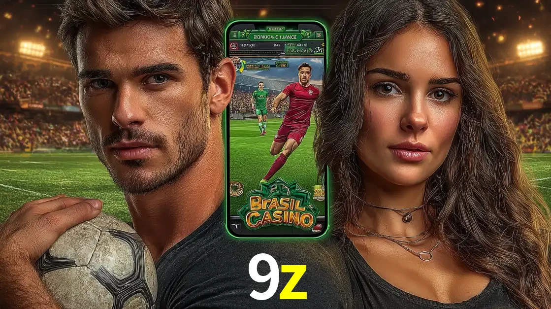 Homem segurando uma bola de futebol e uma mulher ao lado de um smartphone exibindo o jogo de apostas esportivas da 9z. Faça seu palpite no cassino online.
